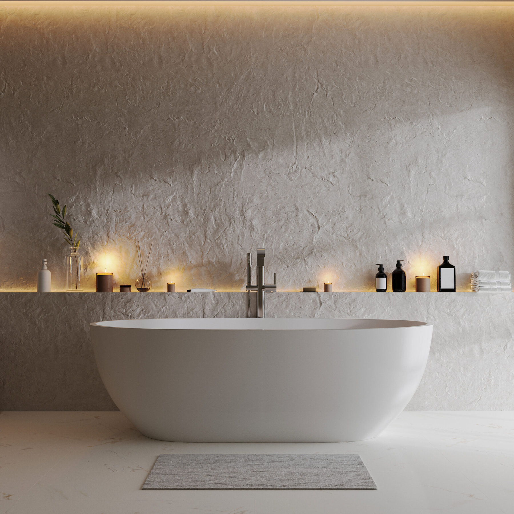 Ein weißes Badezimmer mit Badewanne und Kerzen in Zermatt.