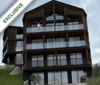 A multi-story wooden building with glass balconies is shown. "Exclusive" is written in the top left corner. Two people stand on balconies, and a person with children is on the lawn.