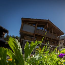 Eine Rasenfläche vor einem Haus, das für Immobilien verkaufen in Zermatt zur Verfügung steht.