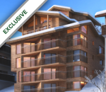 Eine 3D-Darstellung eines Holzgebäudes mit Schnee darauf in Zermatt.
